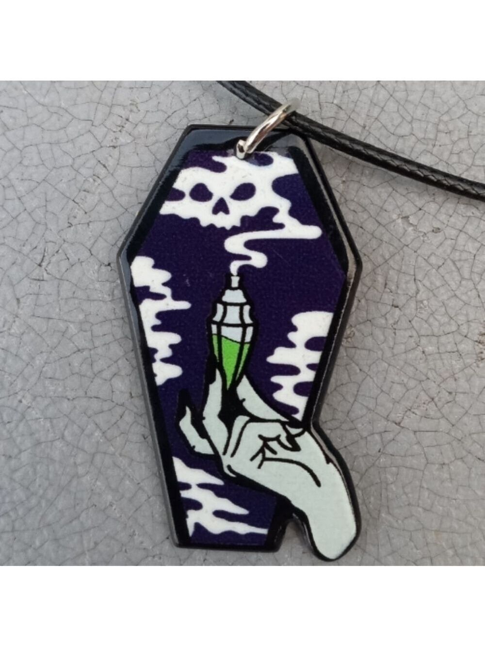 2/$10 Gothic Potions Dark Purple Coffin Shaped Acrylic Charm Necklace NWT